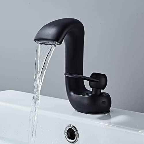 YAGJIA Wasserhahn Bad Schwarz, Wasserhahn Wasserfall Waschtischarmatur, Armatur Waschbecken Schwarz Matt, Modern Badarmatur Einhandmischer Mischbatterie für Badezimmer aus Messing