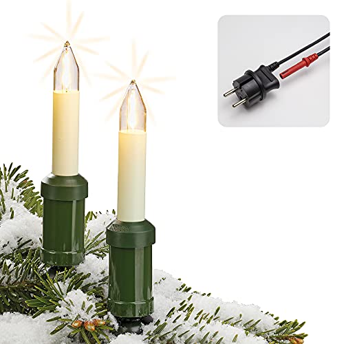 Hellum Lichterkette Made-in-Germany Weihnachtsbaum, Kerzen Lichterkette außen mit Clip, 30 warm-weiße LED-Filament, beleuchtet 2900cm, Kabel grün Schaft elfenbeinfarben, für Außen mit Stecker 845563