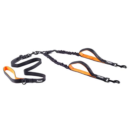 Floxik Doppelleine Komplett-Set groß | Flexible, reflektierende Premium Hundeleine für Zwei Hunde zum Koppeln mit Kurzhalter