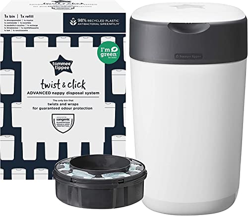 Tommee Tippee Twist and Click Advanced Windeleimer, inkl. 1x Nachfüllkassette mit nachhaltig gewonnener, antibakterieller Greenfilm-Folie, weiß, 2 Stück (1er Pack)