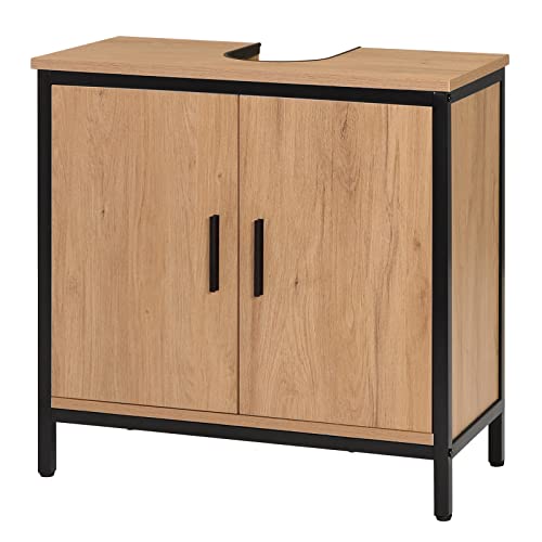 EUGAD Waschbeckenunterschrank 60x60x30 cm, Badezimmerschrank mit höhenverstellbarer Trennwand, Kleiner Schrank im Badezimmer, Badschrank aus Holzwerkstoff Metall, Schwarz