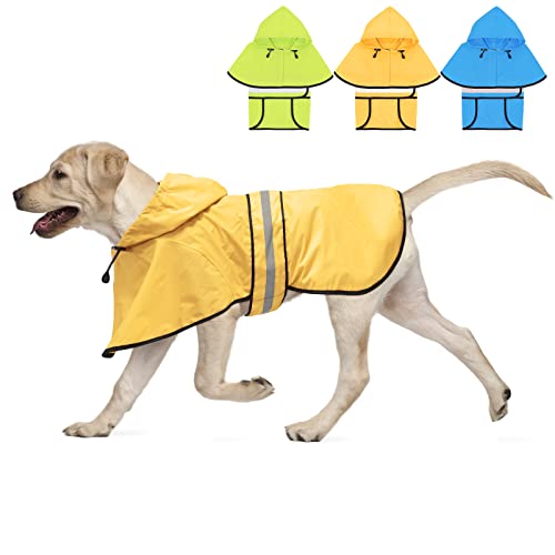 Weesiber Reflektierender wasserdichter Hunde-Regenmantel – verstellbare Haustierjacke, Leichter Hunde-Slicker-Poncho mit Kapuze für kleine bis sehr große Hunde und Welpen (L, Gelb)