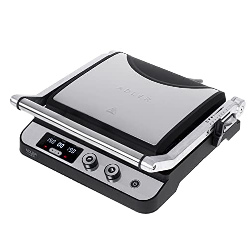 JUNG ADLER AD3059 Kontaktgrill 2in1, 2 Abnehmbare Platten, LED Display, Timer, Doppel Grillfläche, separate Temperaturregulierung, Tischgrill elektrisch, Elektrogrill 3000W, 36 x 36 x 14cm