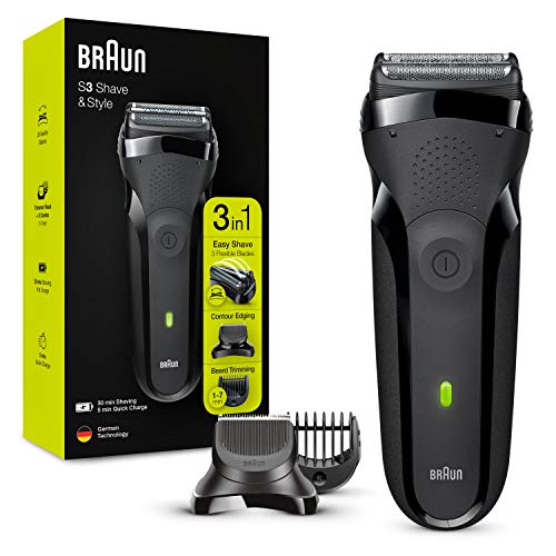 Braun Series 3 Rasierer Herren, 3-in-1-Elektrorasierer, Barttrimmer mit 5 Kammaufsätzen, wiederaufladbarer und kabelloser elektrischer Rasierer, 30 Min Laufzeit, Geschenk Mann, 300BT, schwarz