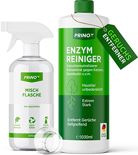 PRINOX® 1030ml Enzymreiniger Konzentrat inkl. Mischflasche I STARKER GERUCHSENTFERNER I Ergibt bis zu 40L Geruchsneutralisierer I Beseitigt Hundeurin, Katzenurin Geruch tiefgreifend uvm. I Made in DE