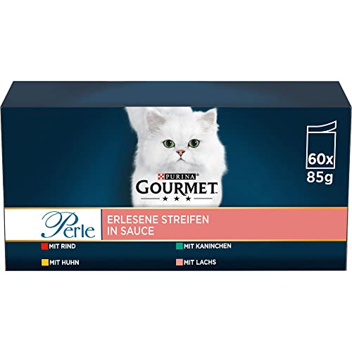 PURINA GOURMET Perle Erlesene Streifen Katzenfutter nass, Sorten-Mix, 60er Pack (60 x 85g)