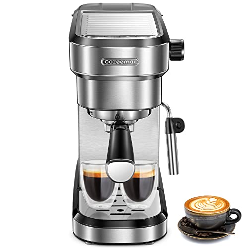 Cozeemax Espressomaschine 15bar Siebträgermaschine Kaffeemaschine mit Milchaufschäumer, Kaffeemaschinen Vollmetallgehäuse, 1,1 Liter Wassertank, 1350watt