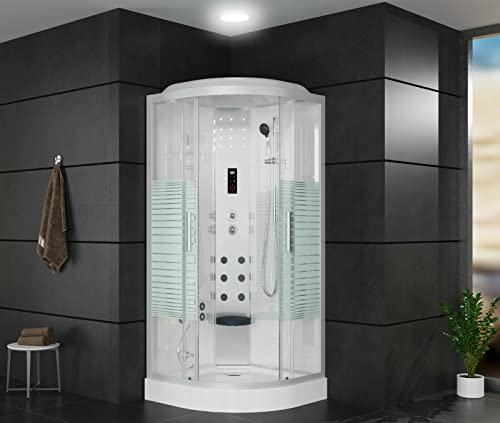 OIMEX ARIELLE V2 100x100cm 215cm Weiß Hochglanz LED Duschtempel mit Massagefunktion, Komplettdusche, Duschkabine mit Bluetooth, Radio, Beleuchtung