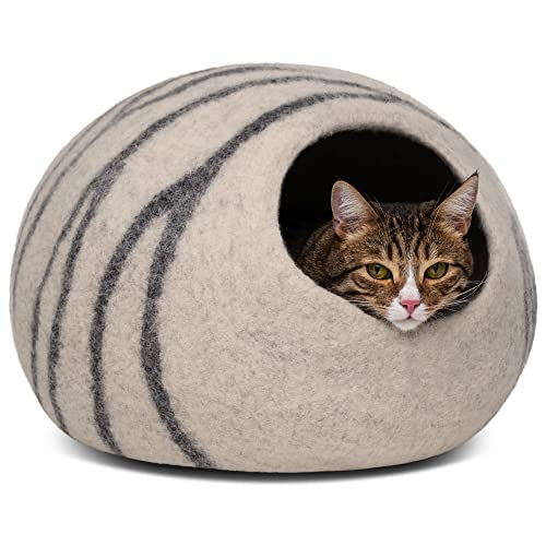 MEOWFIA Premium-Filz-Katzenbett-Höhle – Handgefertigtes Bett aus 100% Merinowolle für Katzen und Kätzchen (helle Farbtöne) (Medium, Smoky Pearl)