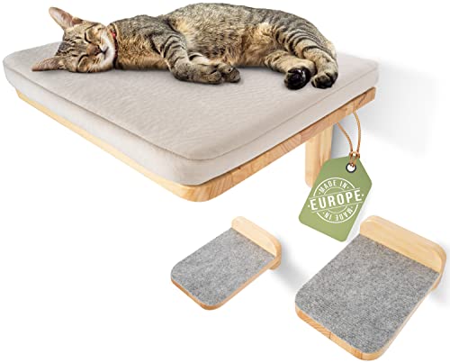 WOOWOOD® Kletterwand Katzen inkl. 2X Katzenstufen [aus Europa] I Katzenbett Wand 3-Teilig I Kletterwand Set I Katzenwand I Wandliege Katzen I Katzenplattform I Katzenregal