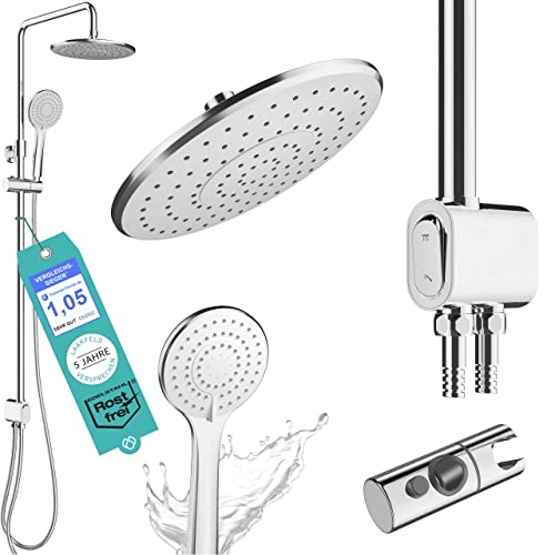 Duschsystem ohne Armatur Edelstahl rostfrei mit Druckknopf - 50% wasserspar Wellness Duschset ohne Armatur - Überkopfbrauseset - Regendusche mit Wandhalterung Komplettset für Dusche und Badewanne