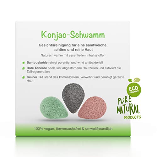 Konjac Schwamm im 3er-Set - perfekt für die tägliche Gesichtsreinigung, ideal für ein schonendes & sanftes Peeling, mit Bambuskohle, roter Tonerde & grünem Tee, umweltfreundlich & nachhaltig