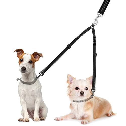 Nasjac Doppelte Hundeleine, kein Verheddern 360° drehbarer Splitter Doppelleine fur Zwei Hunde, verstellbare stoßdämpfende Bungee-reflektierende Leine für Hunde klein mittlere und große Lauftraining