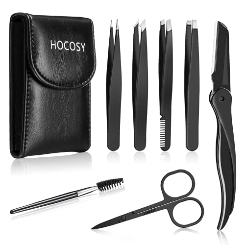 Pinzetten Set, HOCOSY Pinzette Augenbrauen Zupfen, 7pcs Augenbrauen Set mit Bürste, Pinzette, Kamm, Schere, Pinzete mit Ledertasche für Frauen und Männer, Schwarz