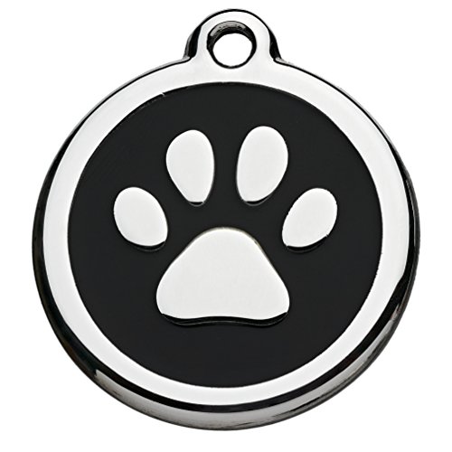 Tiermarke mit Gravur mit Pfoten-Motiv schwarz | Hundemarke mit Name, inkl. Schlüsselring, aus Aluminium | Adressanhänger für Hund und Katze