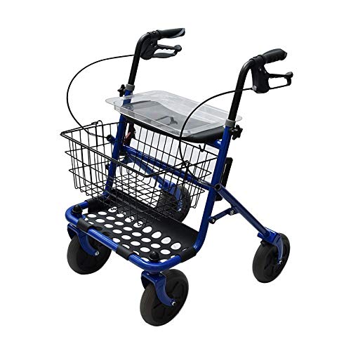 Rollator aus Stahl, faltbar, blau, für ältere Menschen mit 4 Rädern, Sitz und Bremsen
