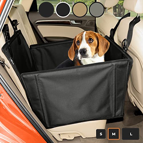 Extra Stabiler Hunde Autositz - Verstärkter Autositz für kleine und mittlere Hunde mit 4 Befestigungsgurten - Hochwertiger und wasserdichter Hundeautositz für den Rücksitz im Autos (M-Größe, Schwarz)