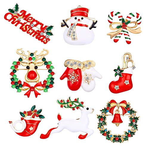 MELLIEX 9 Stück Weihnachten Broschen Pin Set Strass Weihnachtsbroschen Kristall Weihnachtsschmuck für Kleidung Geschenk Ornamente