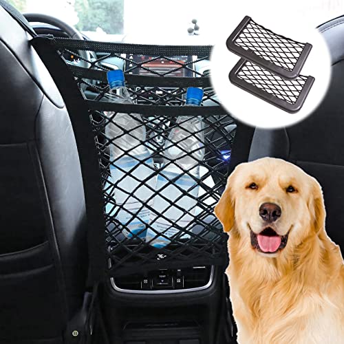 TDWE 3 Schichten Aufbewahrungsnetz Auto Autonetz Autositz Aufbewahrungsnetz mit 2 Taschen Netz mit Haken und dehnbarer Netzbarriere Auto-Hundegitter Autonetzbarriere für Hund, Haustier oder Kinder