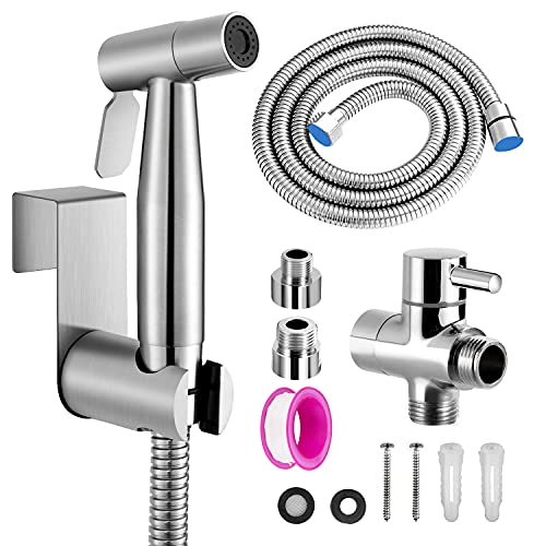 Bidet Handbrause Set, Premium Edelstahl Gebürstet Bidet Handbrause, Bidet Sprayer für Dusche Badezimmer Hygiene Toilettenpapier Windelreinigung, mit G1/2' Ventil und eine G3/8'