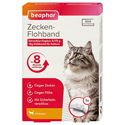 Zecken-Flohband Katze | Wirkt 8 Monate gegen Zecken & Flöhe | Mit SOS-Suchservice & Sicherheitsverschluss | Wasserfest | Farbe: Weiß | Länge: 35cm