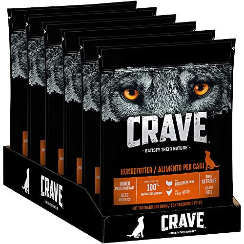 CRAVE Premium Trockenfutter mit Truthahn & Huhn für Hunde – Getreidefreies Adult Hundefutter mit hohem Proteingehalt – 6 x 1 kg