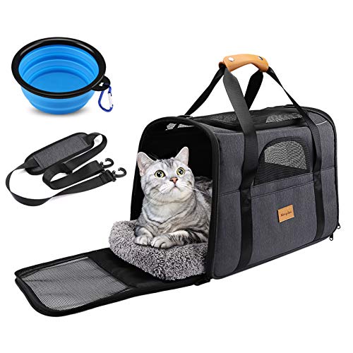 morpilot Hundetasche Transportbox, Atmungsaktive und Faltbare Hundebox mit Verstellbarem, Katzentransportkäfig mit Abnehmbarer Plüschmatratze + Schüssel, 43x30x33 cm (1er Pack)