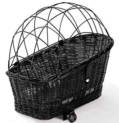 Tigana - Hundefahrradkorb für Gepäckträger aus Weide 56 x 36 cm Schwarz mit Metallgitter Tierkorb Hinterradkorb Hundekorb für Fahrrad (S-S) (XL mit Kissen)