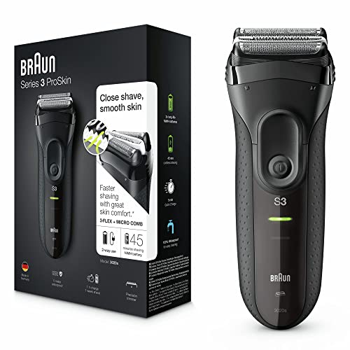 Braun Series 3 ProSkin Rasierer Herren, Elektrorasierer & Trimmer, wiederaufladbarer und kabelloser elektrischer Rasierer, 45 Min Laufzeit, Vatertagsgeschenk, 3020s, schwarz