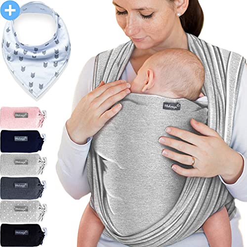Babytragetuch Hellgrau – hochwertiges Baby-Tragetuch für Neugeborene und Babys bis 15 kg - inkl. Baby-Lätzchen