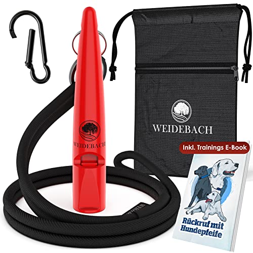 Weidebach® weit hörbare rote Hundepfeife für sofortiges Zurückkommen, Hundepfeife Rückruf auf Kommando, weit hörbare Pfeife Hund inkl. Beutel für Leckerli und Trainings-Ebook, Hunde Pfeife
