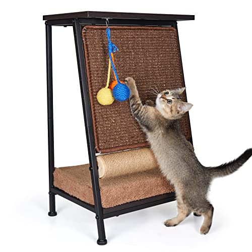 LitaiL Katzenbett-Höhle mit Sisal Kratzbaum und Abnehmbare Kratzmatte, A-Form Mehrzweck Katzenmöbel für alle Katzen, Auch als Beistelltisch verwendet, Vintage Katzentisch mit Kissen und Spielbälle