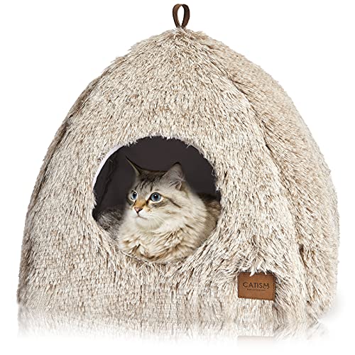 Katzenhöhle Katzenbett Katzenhaus Kuschelhöhle CATISM faltbar waschbar bequemer Katzenschlafplatz für Katzen Kätzchen Welpen mit abnehmbarem Katzenkopfkissen Kaffee Braun