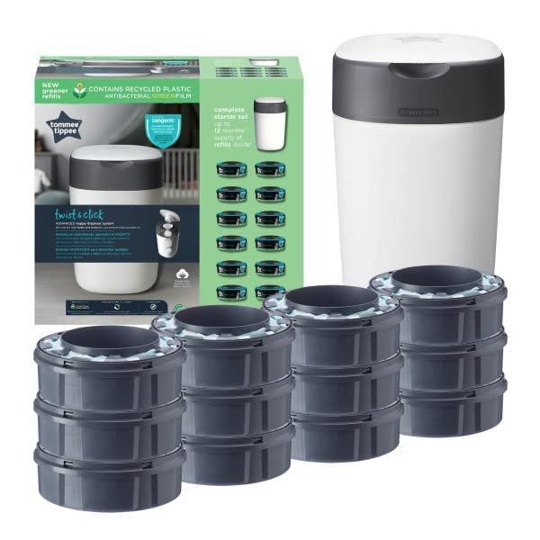 Tommee Tippee Twist and Click Advanced Windeleimer Starter Set, Umweltfreundliches System mit 12x Nachfüllkassetten mit nachhaltig gewonnener antibakterieller Grünfolie, Weiß