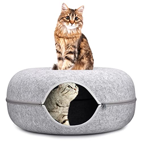 katzenbett,Höhlen&häuser,Abnehmbares Tunnelspielzeug Kann für Katzenbetten oder Katzenspielzeug verwendet Werden,katzennest Filz rundes Design, Donut katzenbett Harter atmungsaktiver Filz (L)