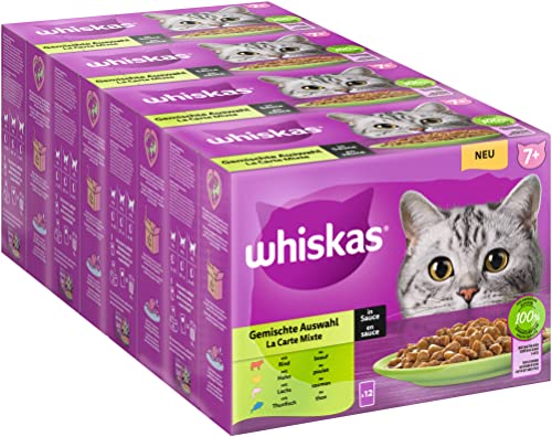 Whiskas Senior 7+ Katzennassfutter Gemischte Auswahl in Sauce, 48 Portionsbeutel, 12x85g (4er Pack) – Hochwertiges Katzenfutter nass, für Katzen ab 7 Jahren und älter