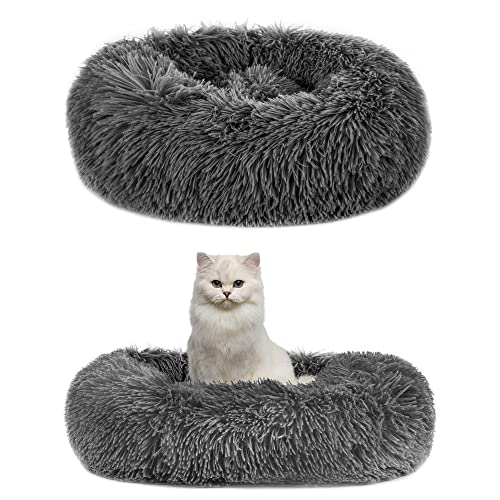 Amazinggirl Katzenbett flauschig ∅ 60 cm - Katzenkorb Katzenkissen Katzen Bett Katzenkörbchen Rund cat Bed Dunkelgrau