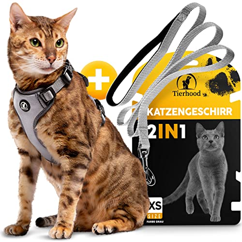 Tierhood - Katzengeschirr [OHNE ÜBERSTÜLPEN] - inkl. Leine - für kleine Katzen - Geschirrset mit Katzen Leine - Geschirr Katze - Cat Harness - Katzengeschirr mit Leine ausbruchsicher (XS,Grau)