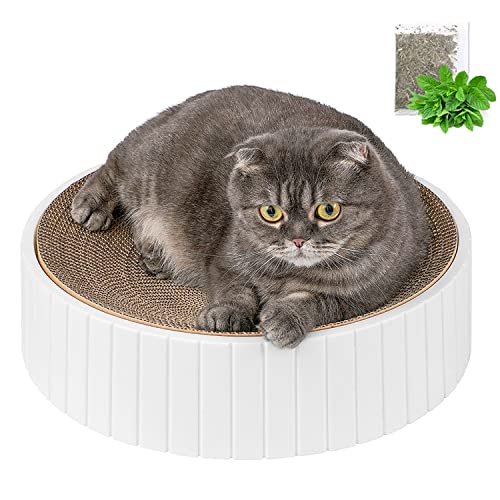 EDAGNY® Groß Katzen Kratzbrett, 2 in 1 Doppelseitiger Kratzpappe für Katzen mit Katzenminze - Rund Kratzbretter Katze für Kätzchen und Erwachsene Katzen, Weiß