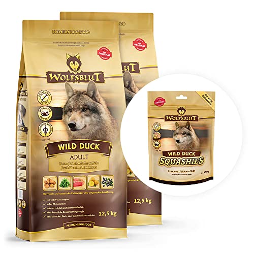 Wolfsblut - Wild Duck Adult - 2 x 12,5 kg + 300 g Gratis Squashies Snack - Ente - Trockenfutter - Hundefutter - Getreidefrei