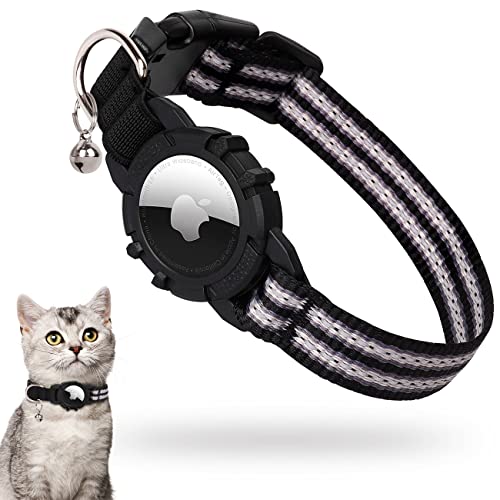 AirTag Katzenhalsband,Integriertes Apple Air Tag Katzenhalsband, Reflektierendes GPS Katzenhalsband mit AirTag Halter und Glocke [Schwarz], Leichte Tracker Katzenhalsbänder für Mädchen Jungen Katzen