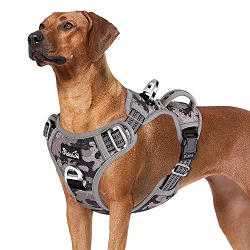 Eyein Hundegeschirr für Große Hunde, verstellbares atmungsaktives reflektierend, gepolstert und atmungsaktiv Brustgeschirr mit Griff und Frontbügel für tägliches Training (Tarngrau, XL)