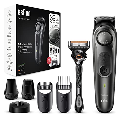 Braun Barttrimmer 7, Trimmer/Haarschneider Herren, Haarschneidemaschine, für Gesichts- und Kopfhaare, 39 Längeneinstellungen, Vatertagsgeschenk, BT7340, schwarz/grau-metallic