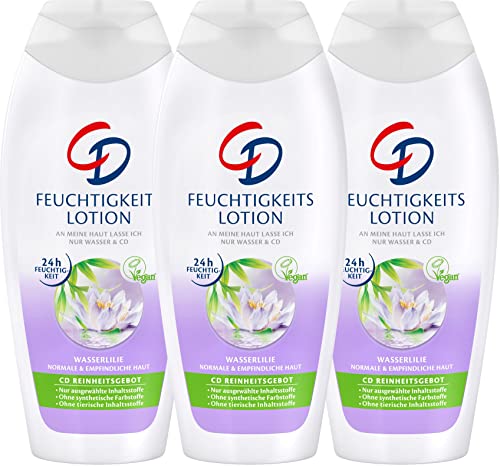 CD Feuchtigkeitslotion 'Wasserlilie', 3 x 400 ml, feuchtigkeitsspendende Bodylotion, für empfindliche Haut geeignet, pH-hautneutral, vegane Körperpflege