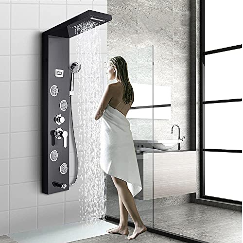 Suguword Schwarz Duschpaneel 5 Funktionen Regendusche Duschset, Duschsystem mit handbrause,Wasserfall Regenduschkopf und Wanneneinlauf mit LED Wassertemperaturanzeige