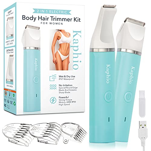 Kaphio Wasserdichter Bikini-Trimmer, Haarschneidemaschinen für Frauen mit 3 Haarschneidemaschinen zum Clippen, 2 in 1 Wiederaufladbarer Körper & Bikinitrimmer für Frauen, Tiffany Blau