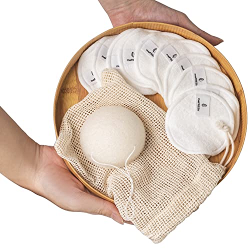 meFRESH nachhaltiges Gesichtsreinigungs-Set | 8 Abschmink-Pads + 2 Peeling-Pads + Konjac-Schwamm + Wäschesäckchen | Waschbar & wiederverwendbar | Ökologische Bambus-Baumwolle