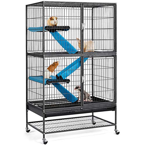 Yaheetech Kleintierkäfig, Metallkäfig für kleine Haustiere, Kaninchenstall mit 4 Räder, Käfig mit 2 abnehmbaren Rampen & Plattformen