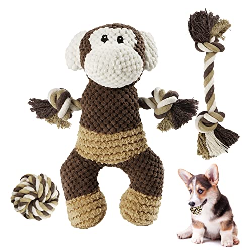 Toozey Affe Spielzeugset - 3 STK Langlebiges Hundespielzeug für Welpen/kleine Hunde - Hunde Spielsachen Kauspielzeug und Quietschspielzeug Intelligenz - Naturbaumwolle