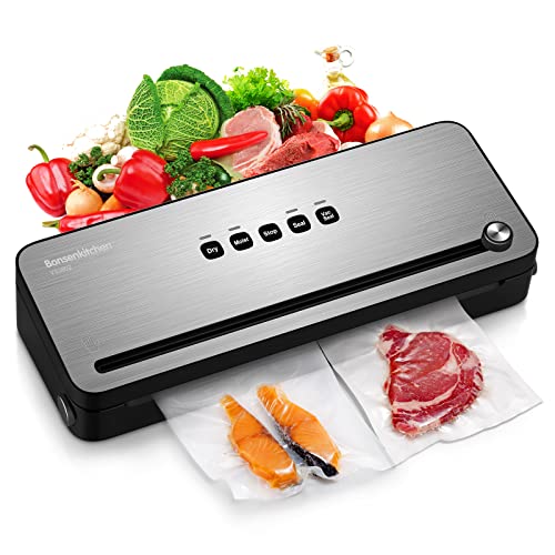 Bonsenkitchen Vakuumierer, vakuumiergerät sous vide mit cutter, vakumierergerät inkl. 5 Beutel Folienbeutel + 1 Rolle Folienrollen, Schlauch für Vakuumbehälter, VS3802 (Schwarz)